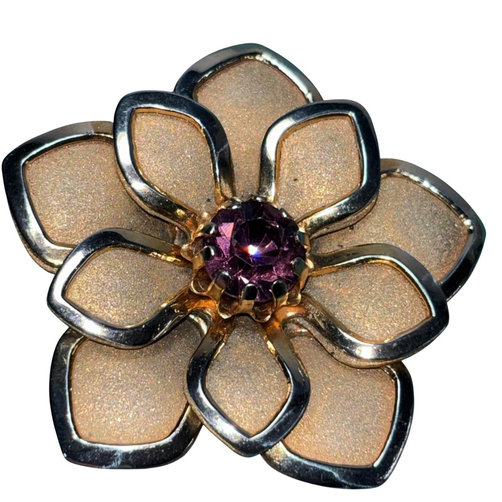 Vintage Flower Scarf Clip Gold Silver‎ Tone Purple Rhinestone Floral Slide 1.5in